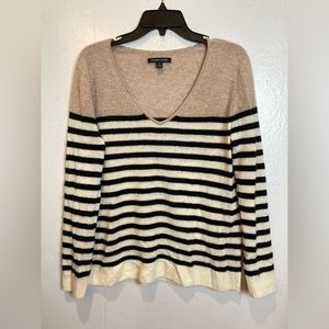 41 Hawthorn 100% Cashmere Sweater Size M Tan Ivory Black Striped V-Neck Soft